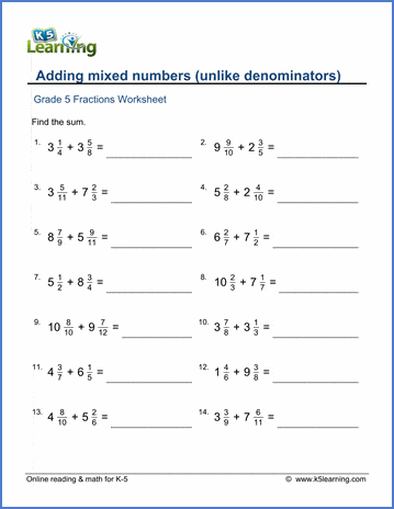 Grade 5 Fractions Worksheet adding mixed numbers (unlike denominators)