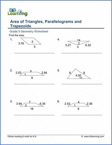 Grade 5 Worksheets: Area of triangles, parallelograms, trapezoids | K5