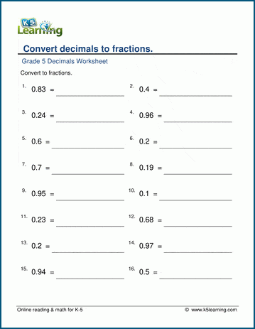 Grade 5 Math Worksheets: Convert decimals to fractions ...