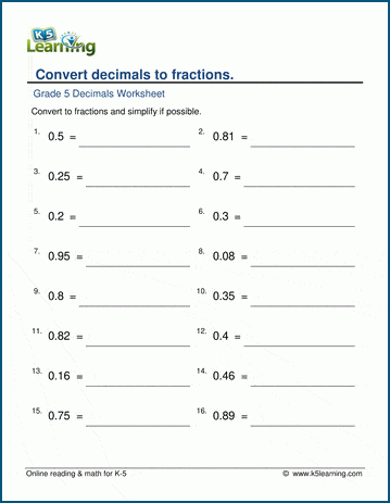 Grade 5 Fractions Worksheet convert and simplify decimals to fractions