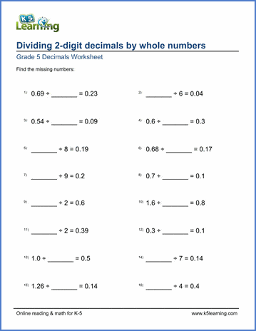 grade 5 math worksheet: dividing 2-digit decimals by whole ...