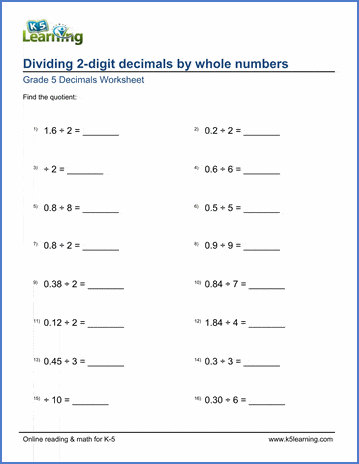 Grade 5 Decimals Worksheet dividing 2-digit decimals by whole numbers