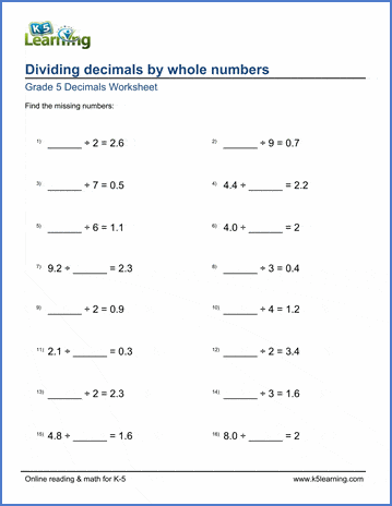 Grade 5 Decimals Worksheet dividing decimals by whole numbers with missing number