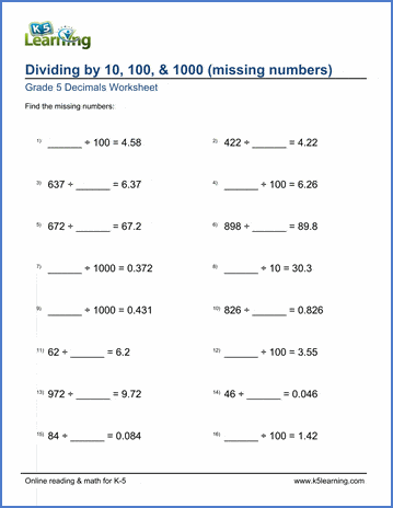 Grade 5 Decimals Worksheet dividing whole numbers by 10, 100 or 1,000 with missing number