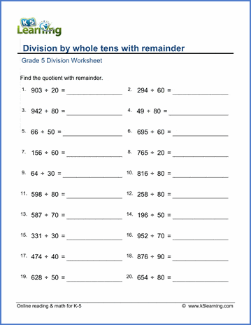Grade 5 Math Worksheets: Division by whole tens with remainder | K5