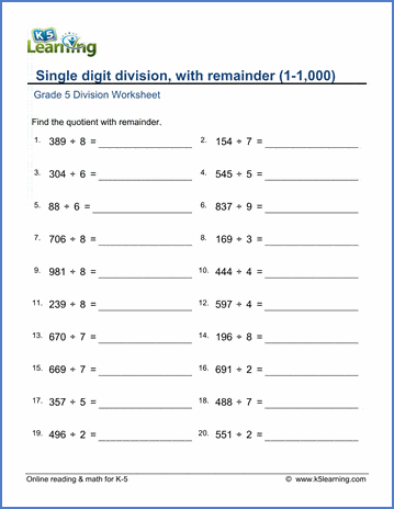 Grade 5 Division Worksheet division with remainder (1-1,000)