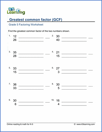 Grade 5 math worksheet - Factoring: greatest common factor of two