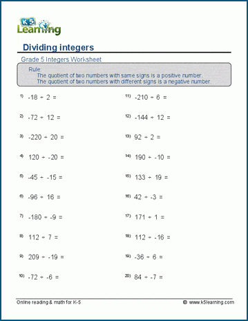 Division of integers worksheet