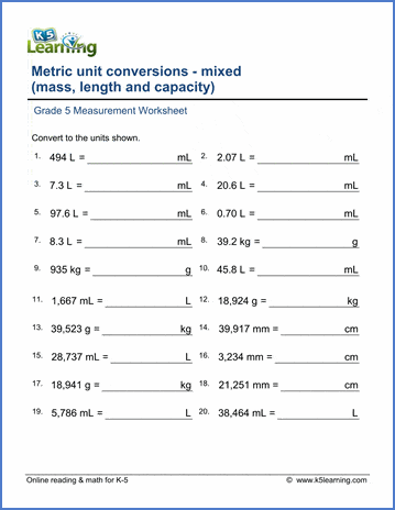 Grade 5 Measurement Worksheet convert mixed metric units with decimals