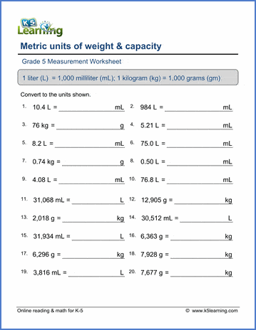 Grade 5 Measurement Worksheet converting between units of weight and capacity using decimals