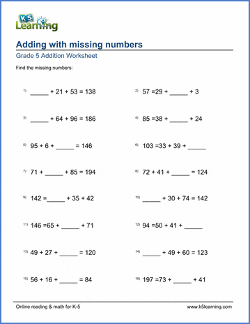 Grade 5 Addition Worksheet adding with missing numbers