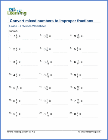 Grade 5 math worksheet - Fractions: convert mixed numbers to improper
