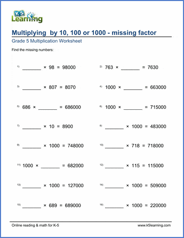 Grade 5 Multiplication Worksheet multiplying by 10, 100 or 1,000 with missing factor