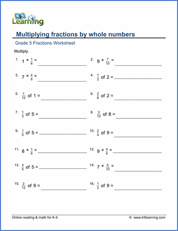 Grade 5 Fractions Worksheet multiply fractions by whole numbers