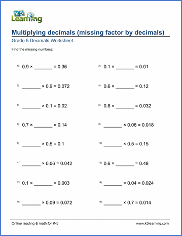 Grade 5 Decimals Worksheet multiplying decimals with missing numbers