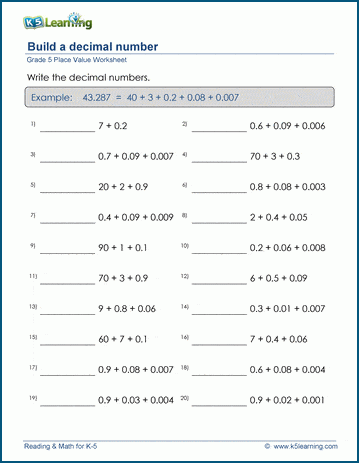Grade 5 Place value Worksheet build a 5-digit number with decimals