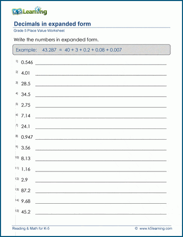 Grade 5 Place value & rounding worksheet: Write decimal numbers in expanded form