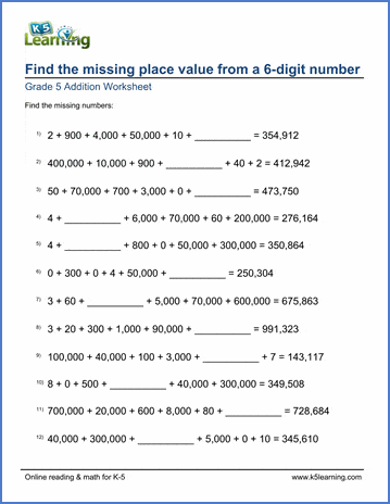 Grade 5 Math Worksheets: Fill in the missing place values (6-digits