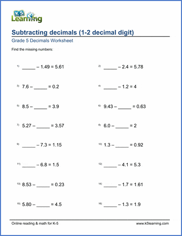 Grade 5 Math Worksheets: Subtracting decimals (missing numbers) | K5