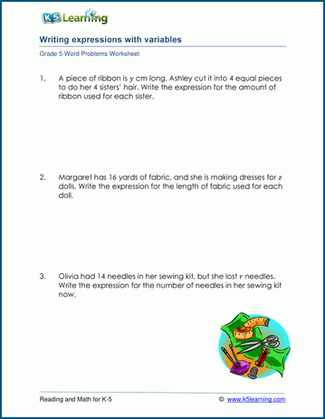 Grade 5 Expressions and Variables word problem worksheets