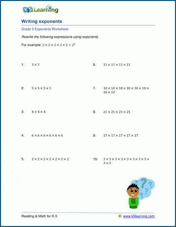 Grade 5 Writing Exponents Worksheet