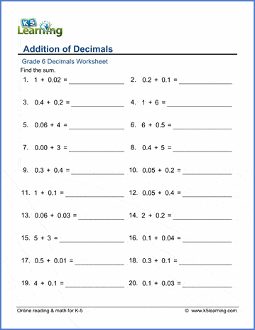 Grade 6 Decimals Worksheet addition of decimals