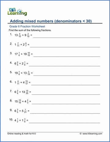 Grade 6 math worksheet - Fractions: adding mixed numbers (denominators