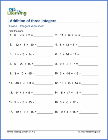 Grade 6 math worksheet  Addition of 3 integers  K5 Learning