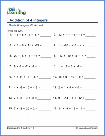 Grade 6 Integers Worksheet addition of four integers