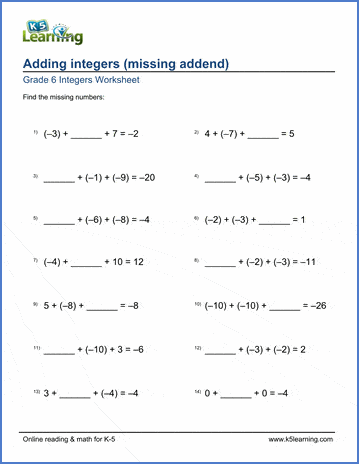 Grade 6 Integers Worksheet addition of integers with missing number, a harder version