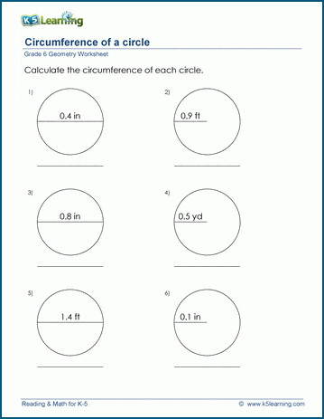 Grade 6 math worksheet - Geometry: circumference of a circle | K5 Learning