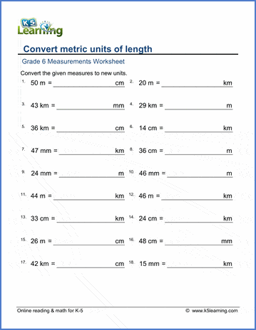 Grade 6 math worksheet - Measurement: convert metric lengths using