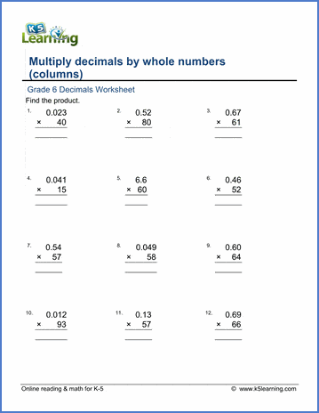 Sample Grade 6 Decimal Multiplication Worksheet