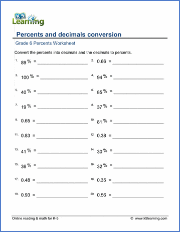Grade 6 percents Worksheet percents and decimals conversion