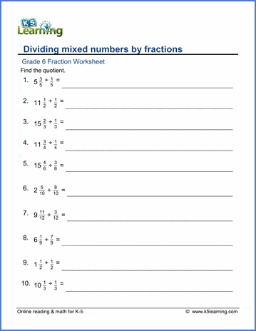 Grade 6 Fractions Worksheet dividing mixed numbers by fractions