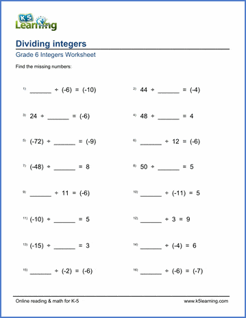 grade 6 math worksheet: dividing integers with missing numbers | K5