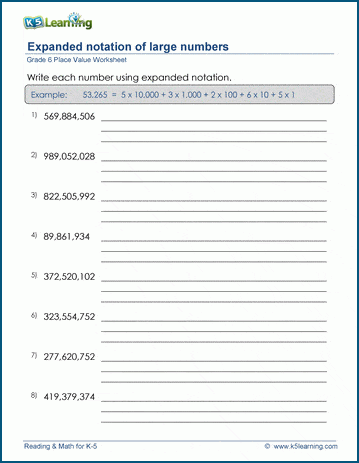Grade 6 Place Value Worksheet: Write large numbers using expanded notation