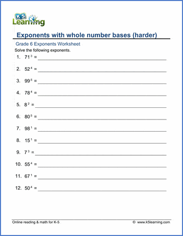 Grade 6 Exponents Worksheet exponents with whole number bases harder