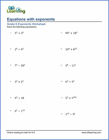 Sample Grade 6 Exponents Worksheet