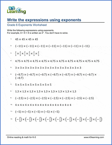 writing expressions using exponents worksheets
