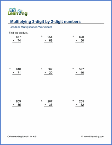 Grade 6 Multiplication and division Worksheet multiplying 3-digit by 2-digit numbers