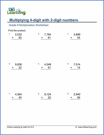 Grade 6 Multiplication and division Worksheet multiplying 4-digit by 2-digit numbers