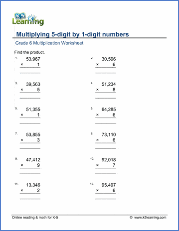 Grade 6 Multiplication and division Worksheet multiplying 5-digit by 1-digit numbers
