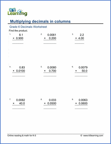 Grade 6 Decimals Worksheet multiplying two decimals