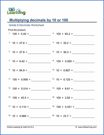 Grade 6 Decimals Worksheet multiplying decimals by 10 or 100