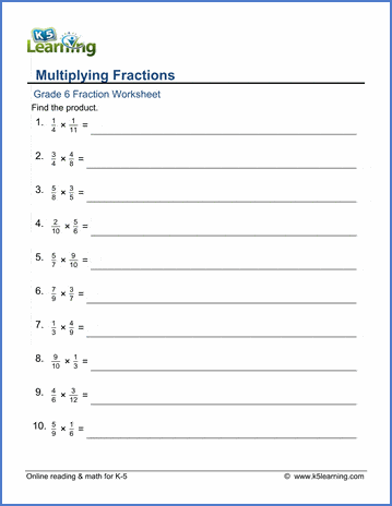 Grade 6 Fractions Worksheet multiplying fractions - denominators 2-12