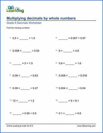 Grade 6 Decimals Worksheet multiplying decimals by whole numbers with missing number
