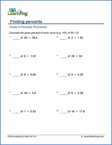 Grade 6 math worksheet  Percent of a number  K5 Learning