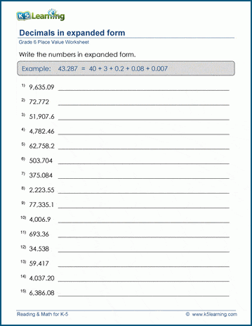 Grade 6 Place Value & Rounding Worksheet: Expand decimal numbers