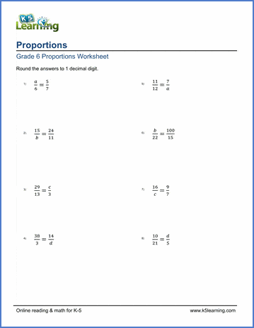 Grade 6 Proportions Worksheet solving proportions rounded to 1 decimal